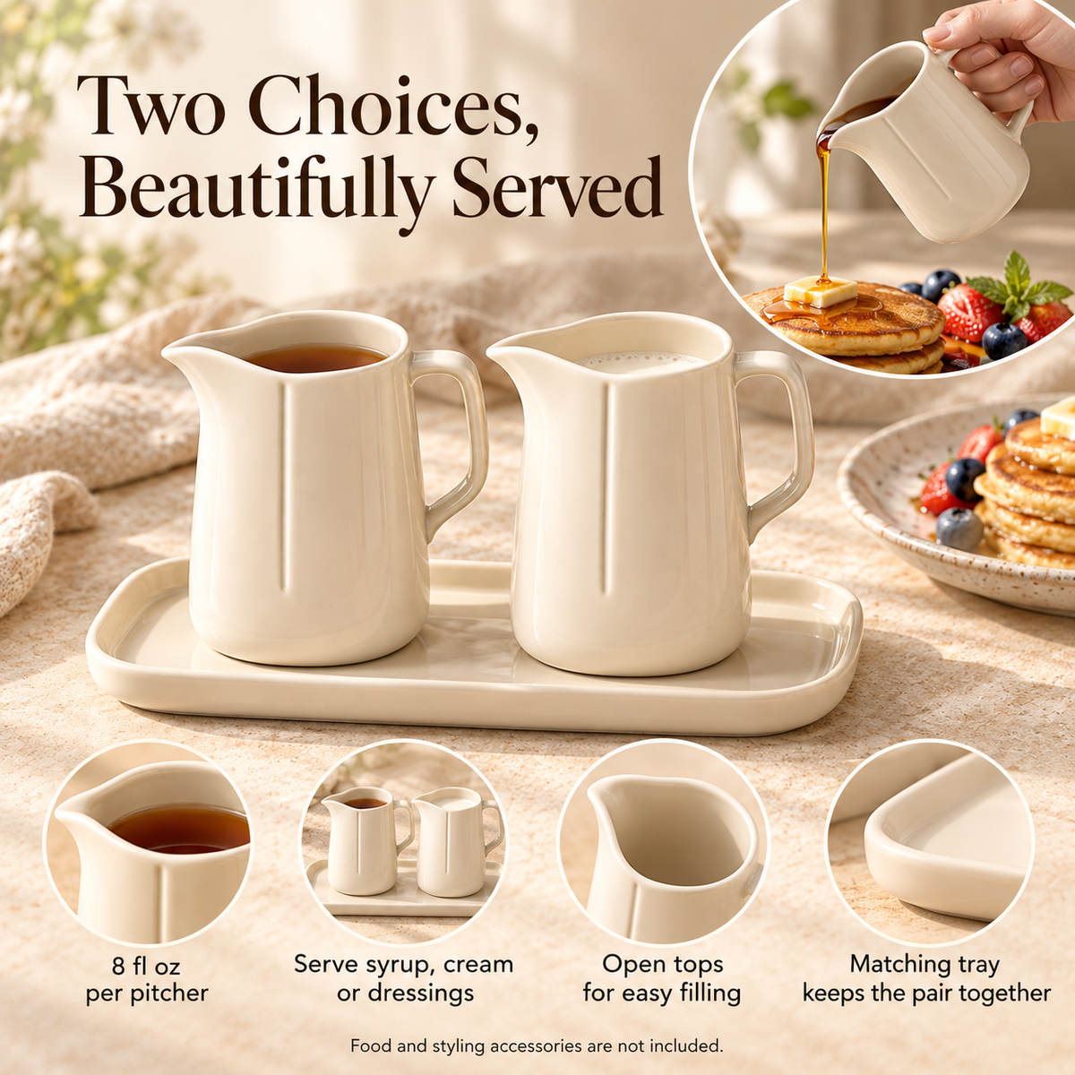 MAVELQIA™ Alune Ceramic Condiment Gift Set — 2 Porcelain Sauce Pitchers with Matching Serving Tray