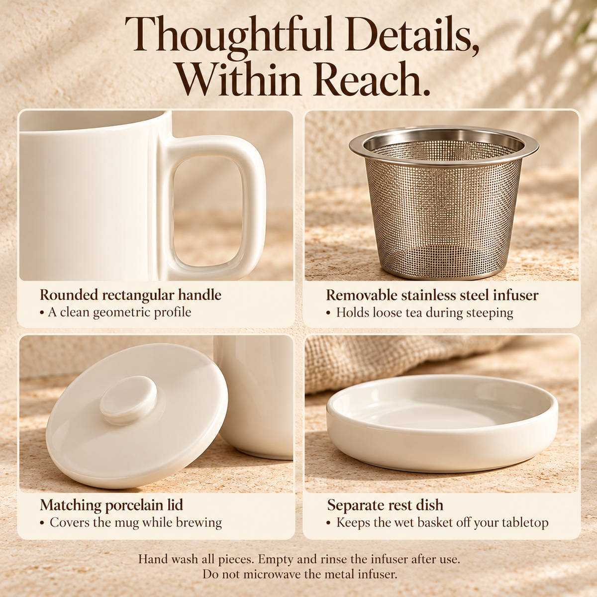 MAVELQIA™ Mirel Ceramic Tea Mug Gift Set — 14 fl oz Porcelain Mug with Stainless Steel Infuser, Lid and Rest Dish