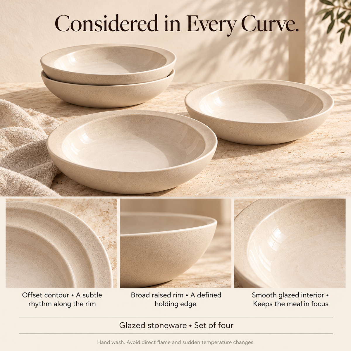 MAVELQIA™ Ceryn Ceramic Pasta Bowl Gift Set — 4 Wide Stoneware Bowls for Pasta, Salads and Grain Bowls