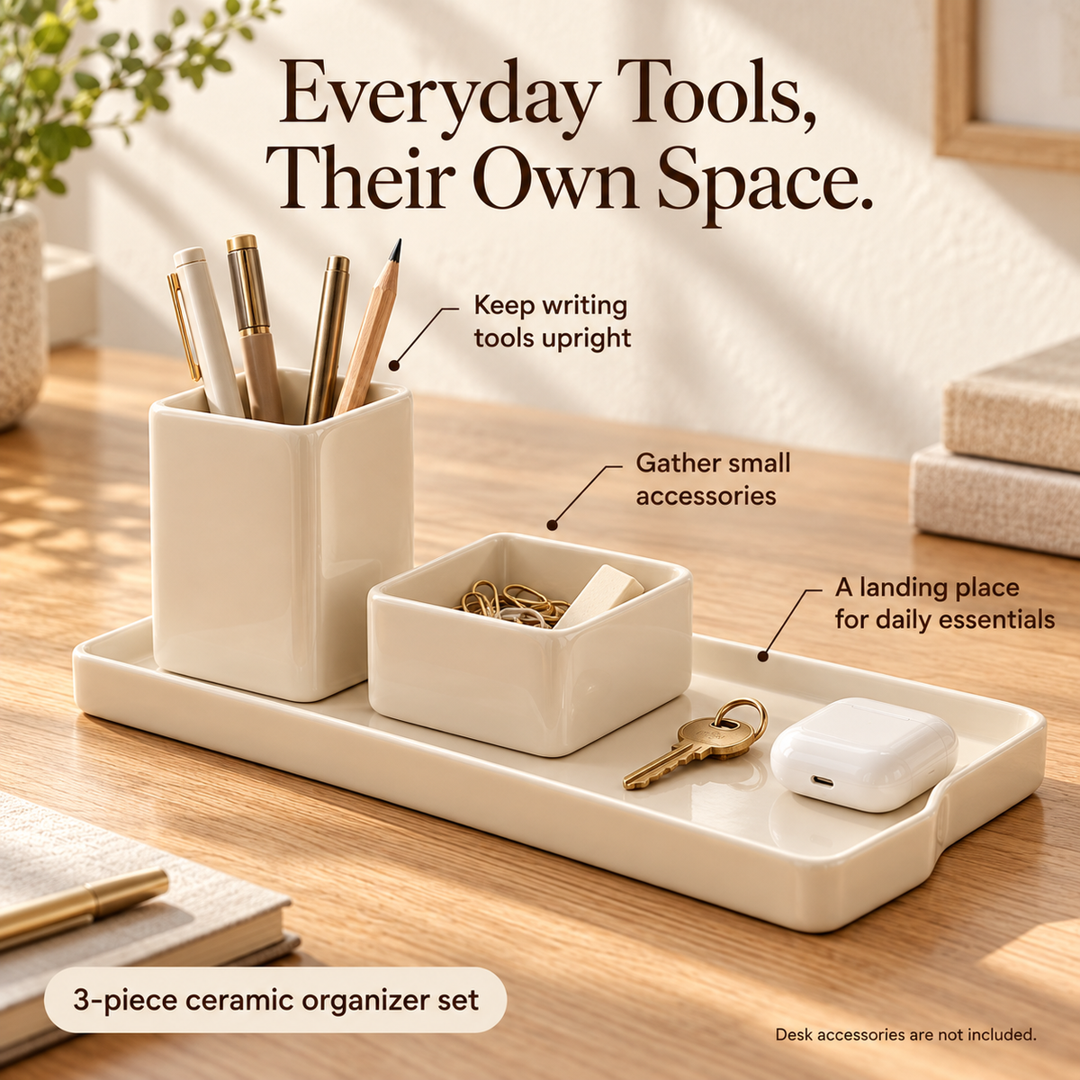 MAVELQIA™ Arven Ceramic Desk Organizer Gift Set — Pen Holder, Small Accessory Cup and Catchall Tray