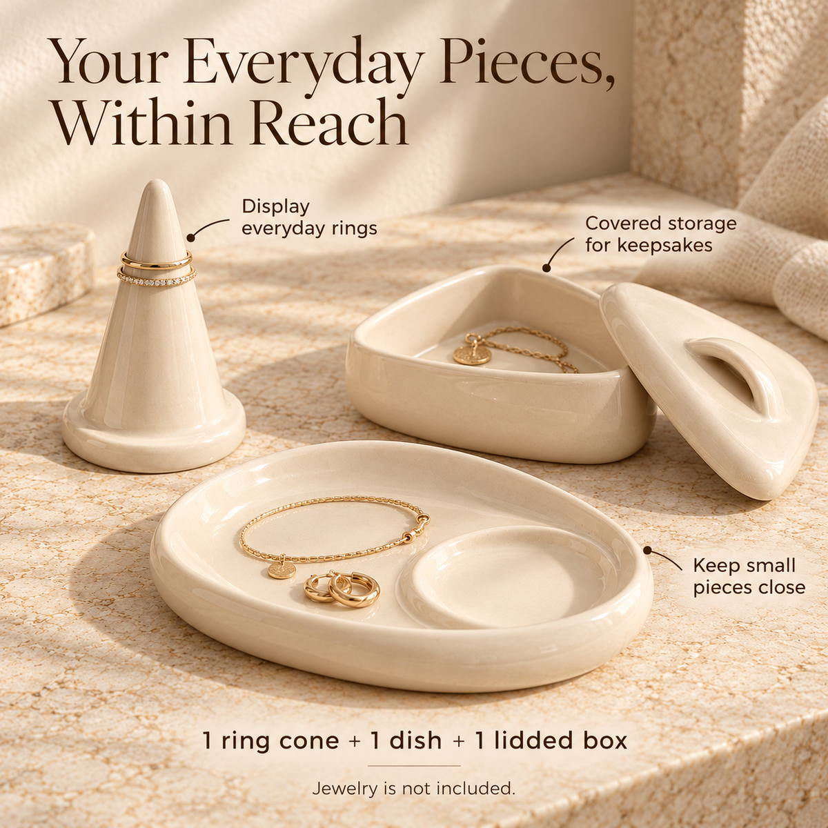 MAVELQIA™ Luneth Ceramic Jewelry Organizer Gift Set — Ring Cone, Trinket Dish and Lidded Keepsake Box