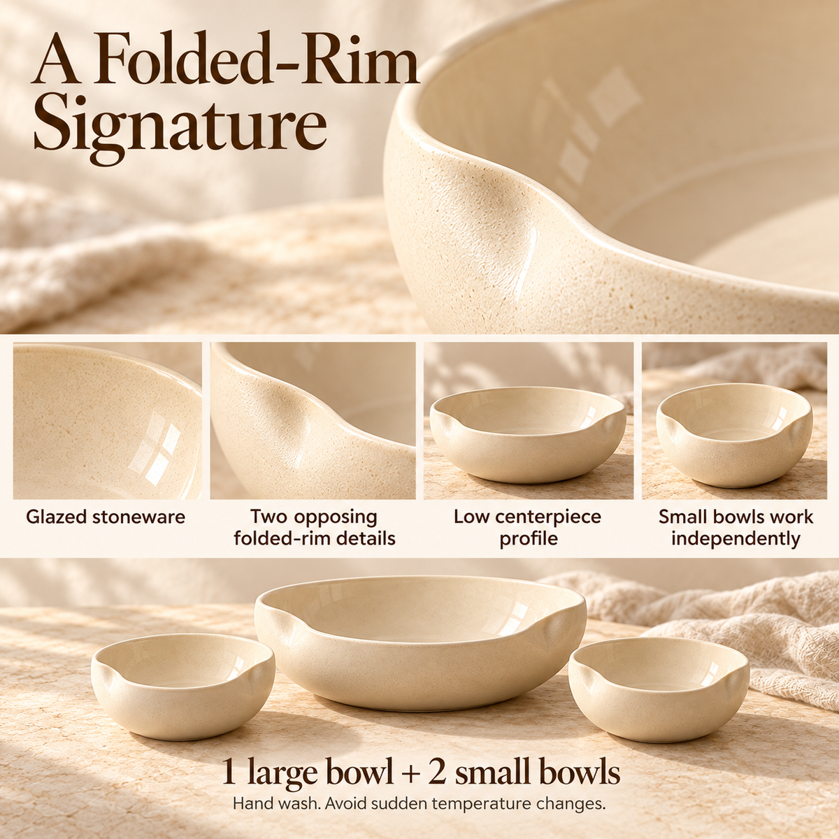 MAVELQIA™ Ordel Ceramic Salad Serving Gift Set — Large Stoneware Serving Bowl with 2 Small Serving Bowls
