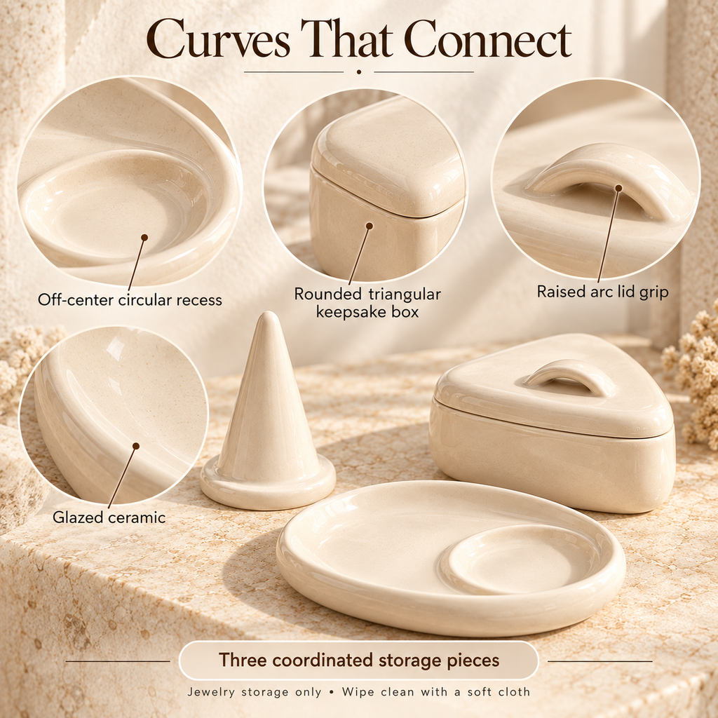 MAVELQIA™ Luneth Ceramic Jewelry Organizer Gift Set — Ring Cone, Trinket Dish and Lidded Keepsake Box