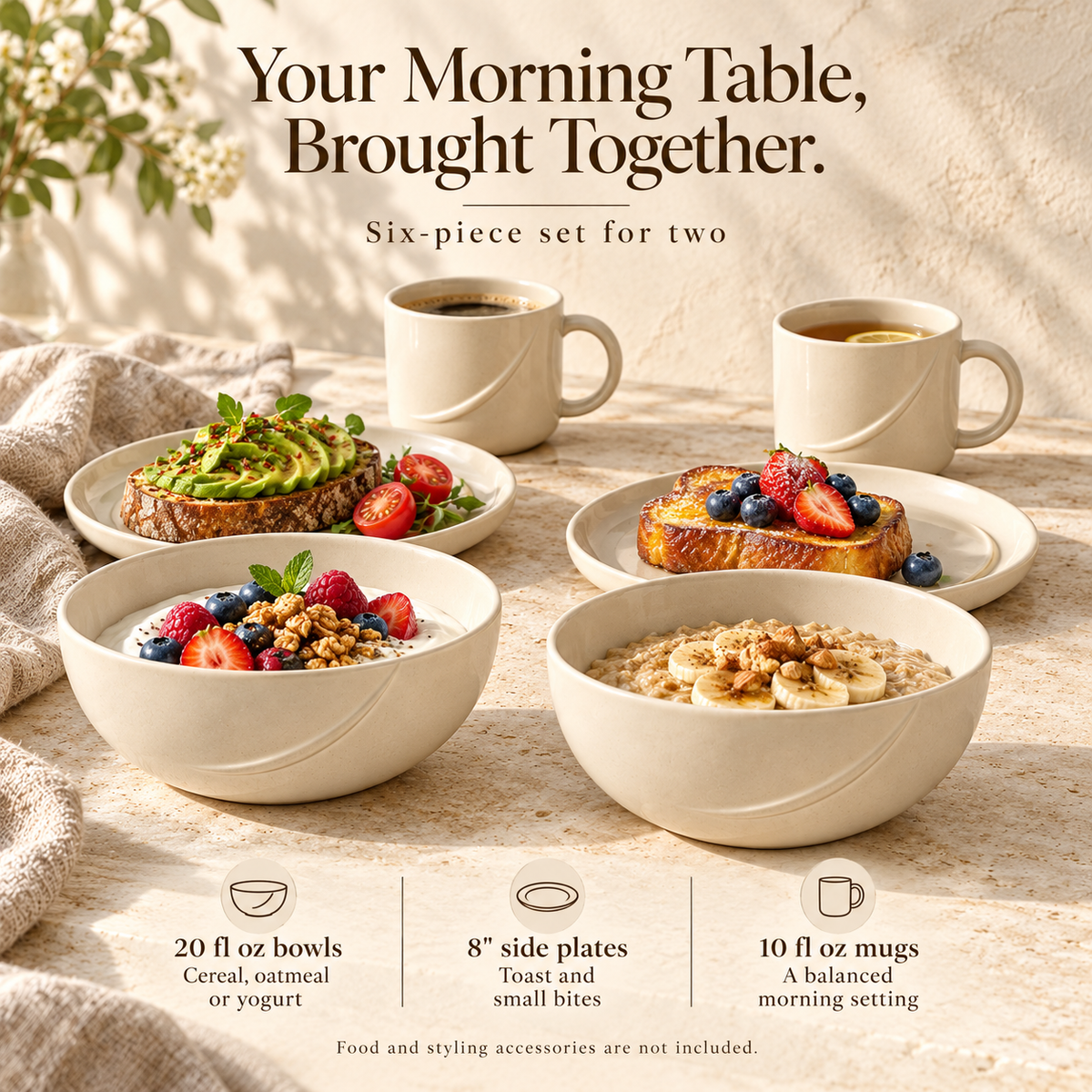 MAVELQIA™ Ovara Ceramic Breakfast Gift Set for Two — Stoneware Cereal Bowls, Side Plates and Mugs