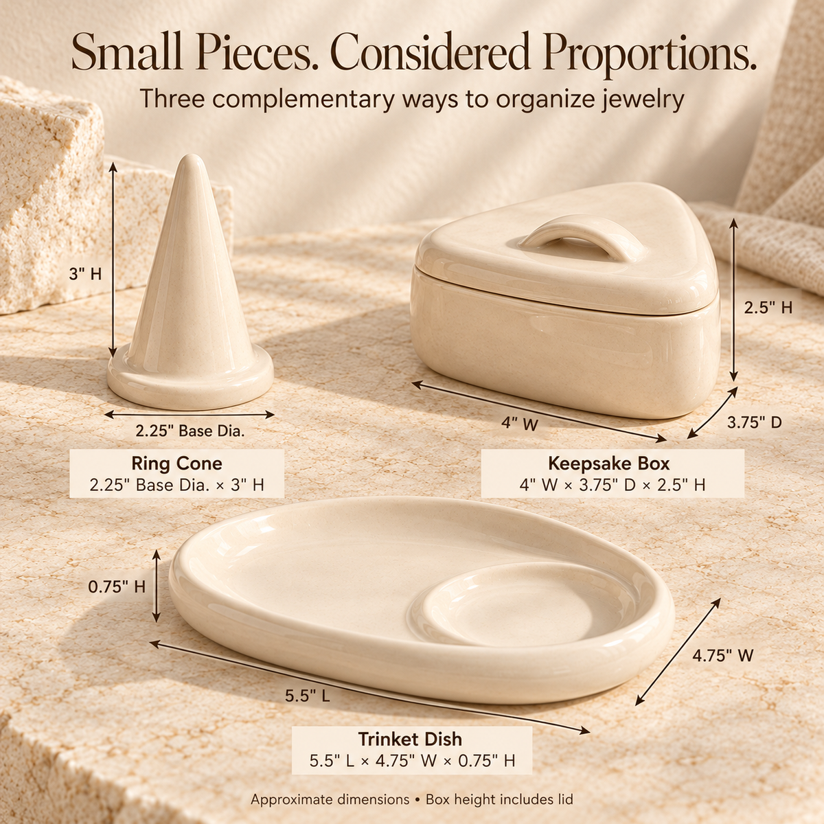 MAVELQIA™ Luneth Ceramic Jewelry Organizer Gift Set — Ring Cone, Trinket Dish and Lidded Keepsake Box