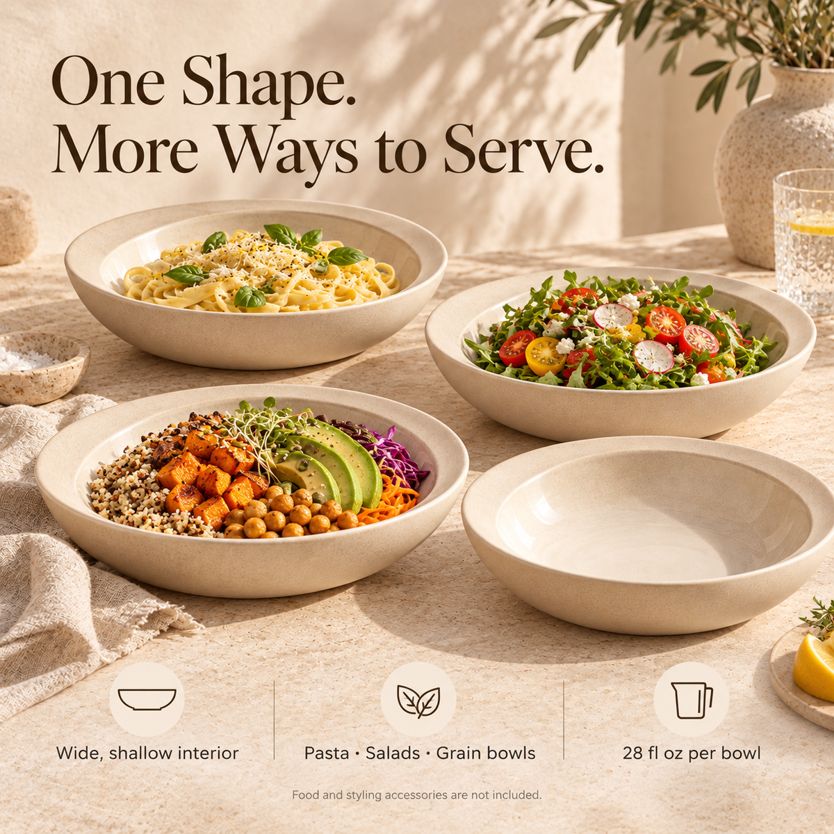 MAVELQIA™ Ceryn Ceramic Pasta Bowl Gift Set — 4 Wide Stoneware Bowls for Pasta, Salads and Grain Bowls