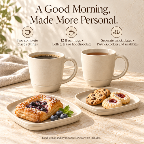 MAVELQIA™ Avelin Ceramic Mug Gift Set — Set of 2 Stoneware Coffee Mugs with Matching Snack Plates