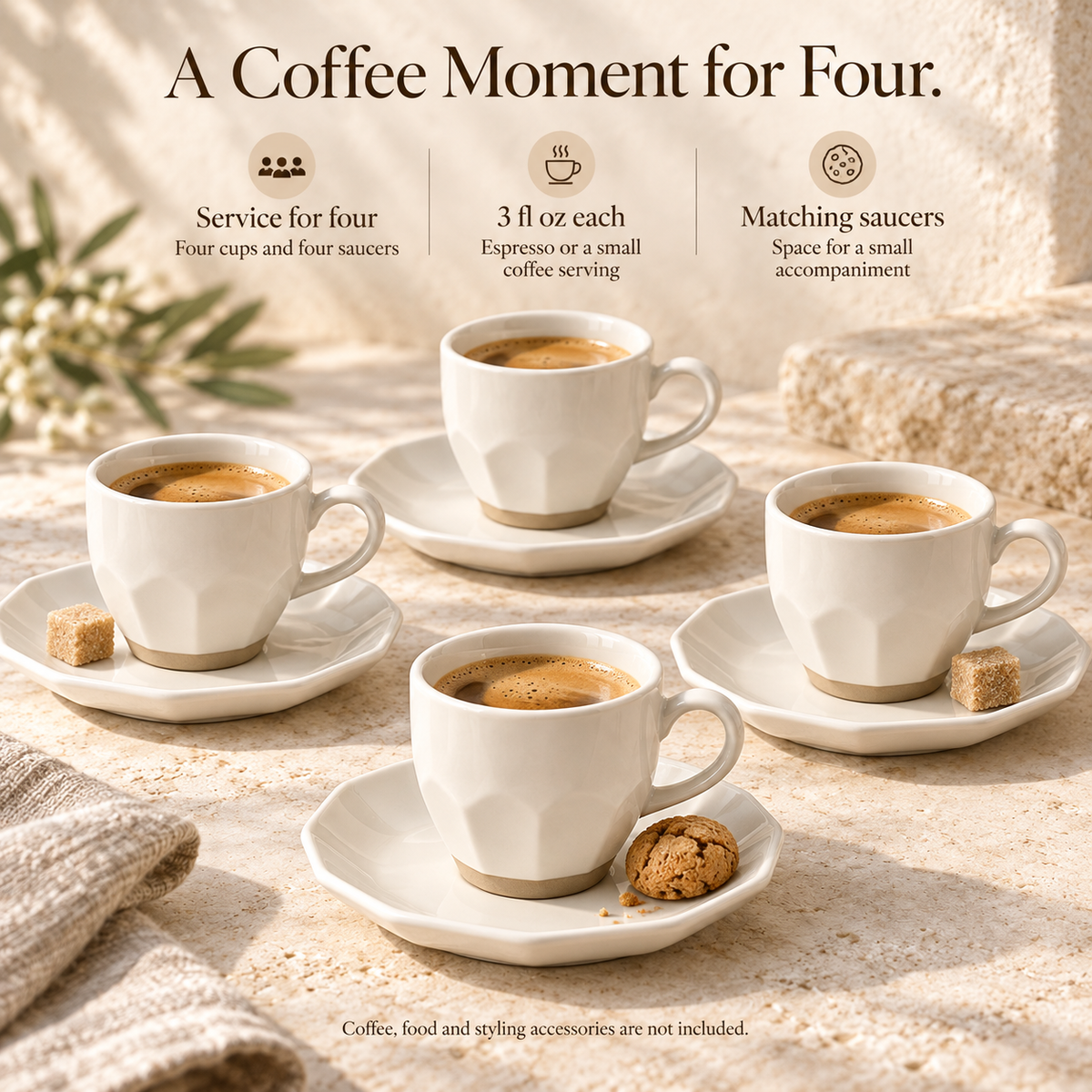 MAVELQIA™ Neris Espresso Cup and Saucer Gift Set — 4 Porcelain Demitasse Cups with Matching Saucers