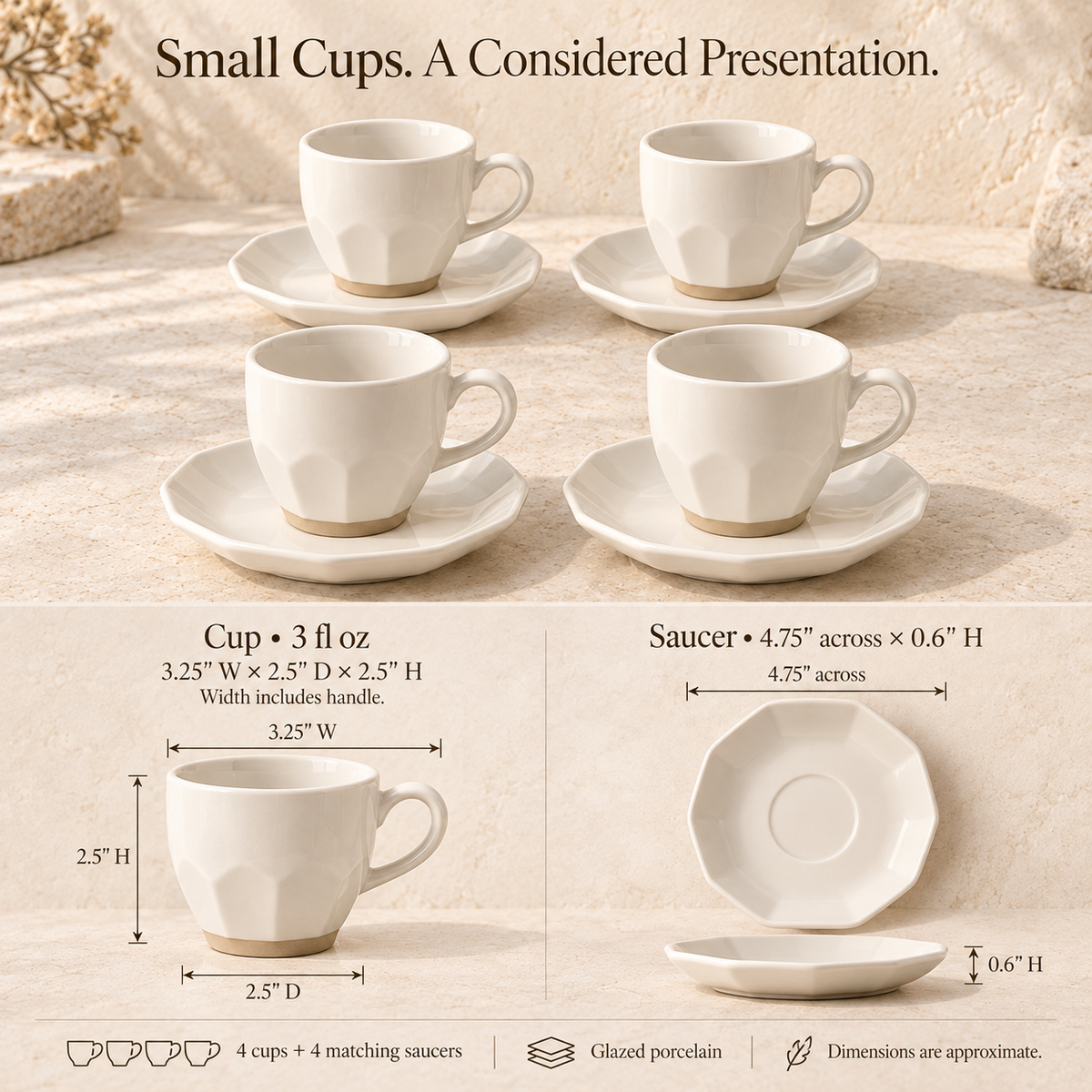 MAVELQIA™ Neris Espresso Cup and Saucer Gift Set — 4 Porcelain Demitasse Cups with Matching Saucers