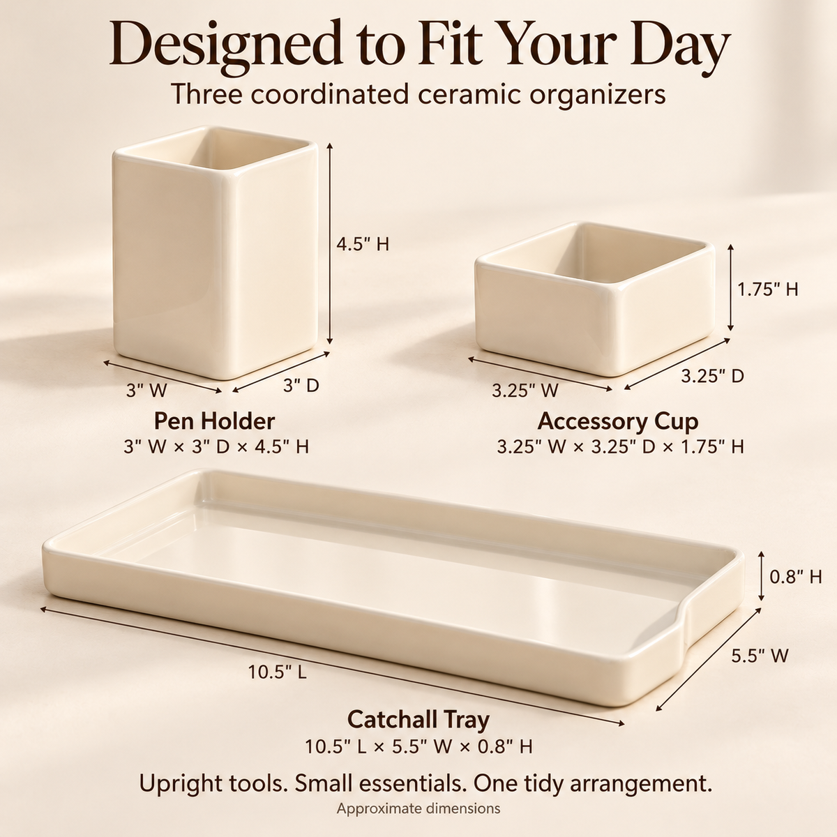 MAVELQIA™ Arven Ceramic Desk Organizer Gift Set — Pen Holder, Small Accessory Cup and Catchall Tray