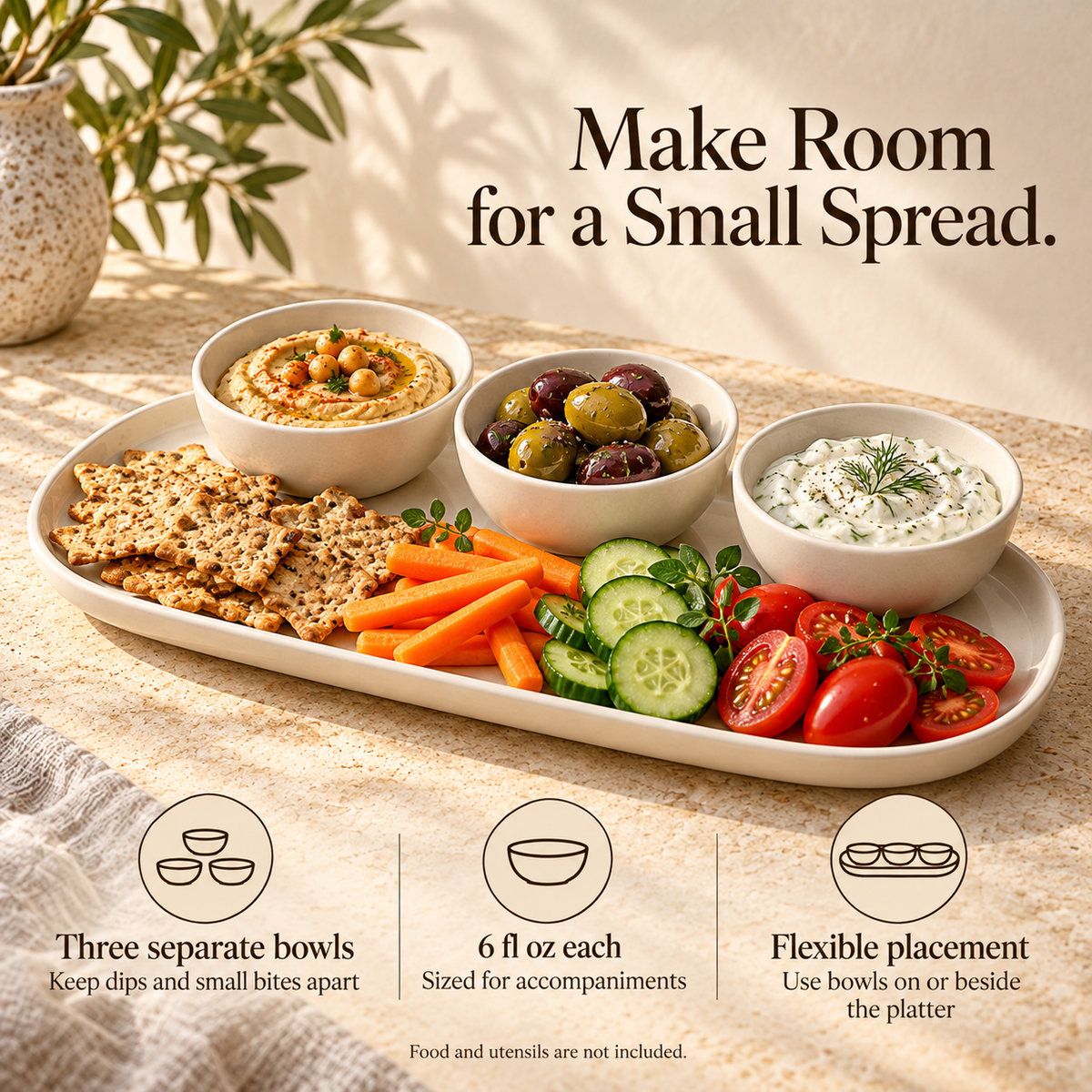 MAVELQIA™ Tavelle Ceramic Appetizer Serving Gift Set — Stoneware Platter with 3 Dip Bowls